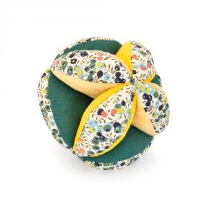 Pelota sensorial sonajero tela floral tonos amarillos y verdes 15cm