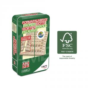Forma palabras madera FSC en caja metal