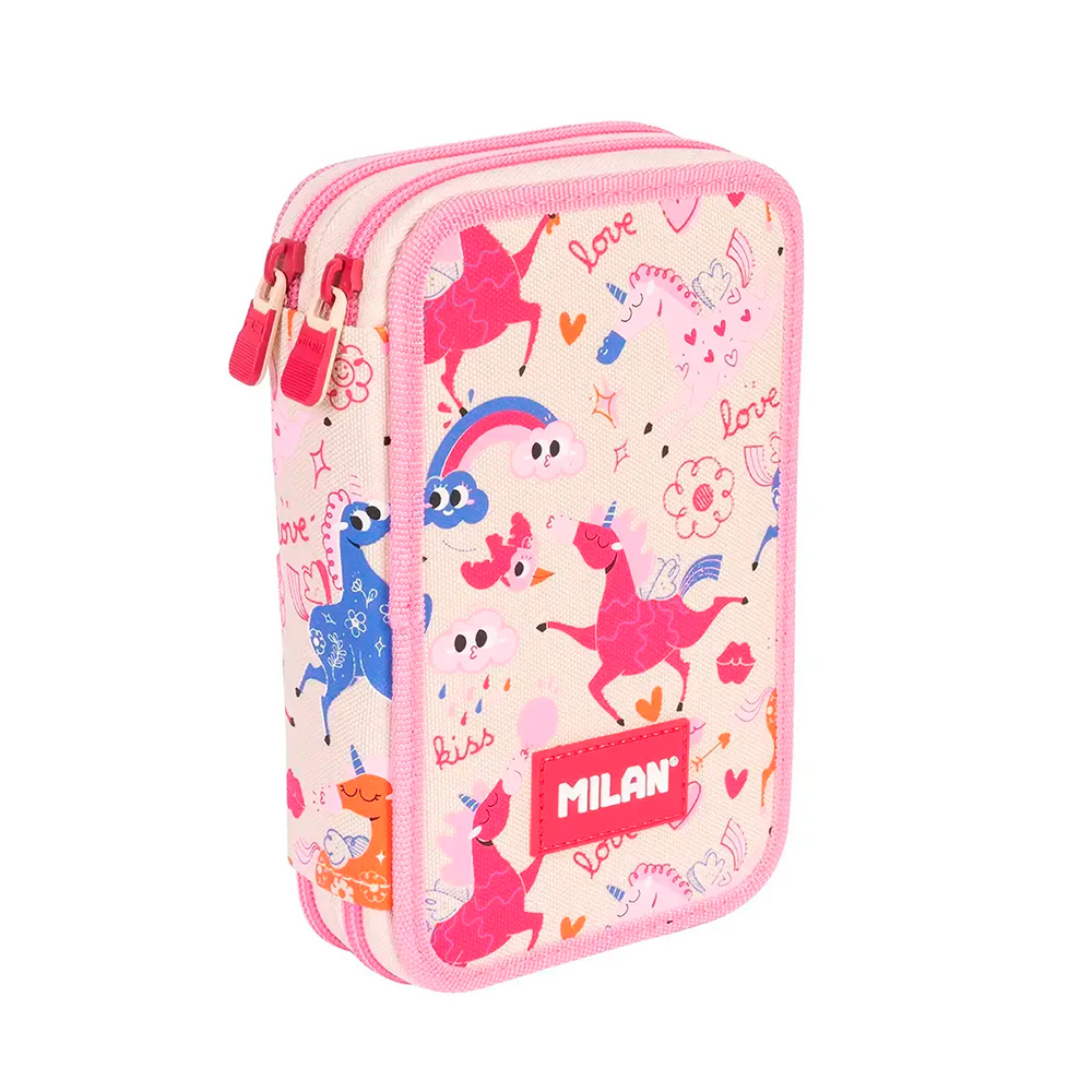 Estuche 2 pisos Flowicorn beige unicornios 19,5x13x5cm con contenido