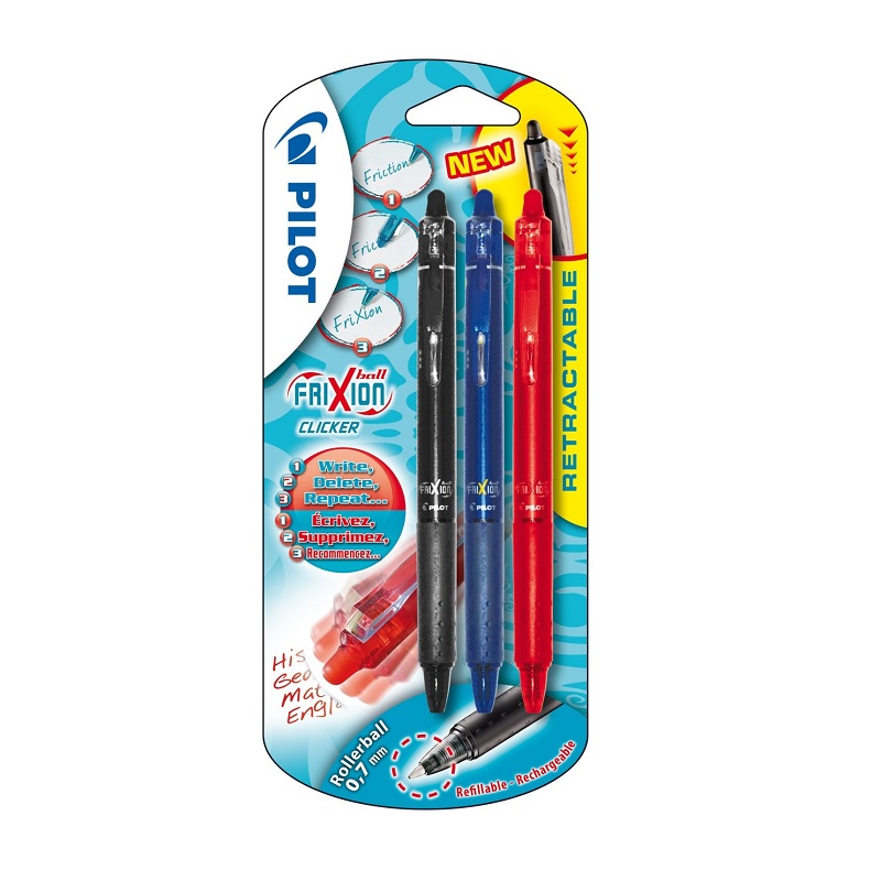 Bolígrafo Frixion Clicker 1 tinta negra, 1 azul y 1 roja