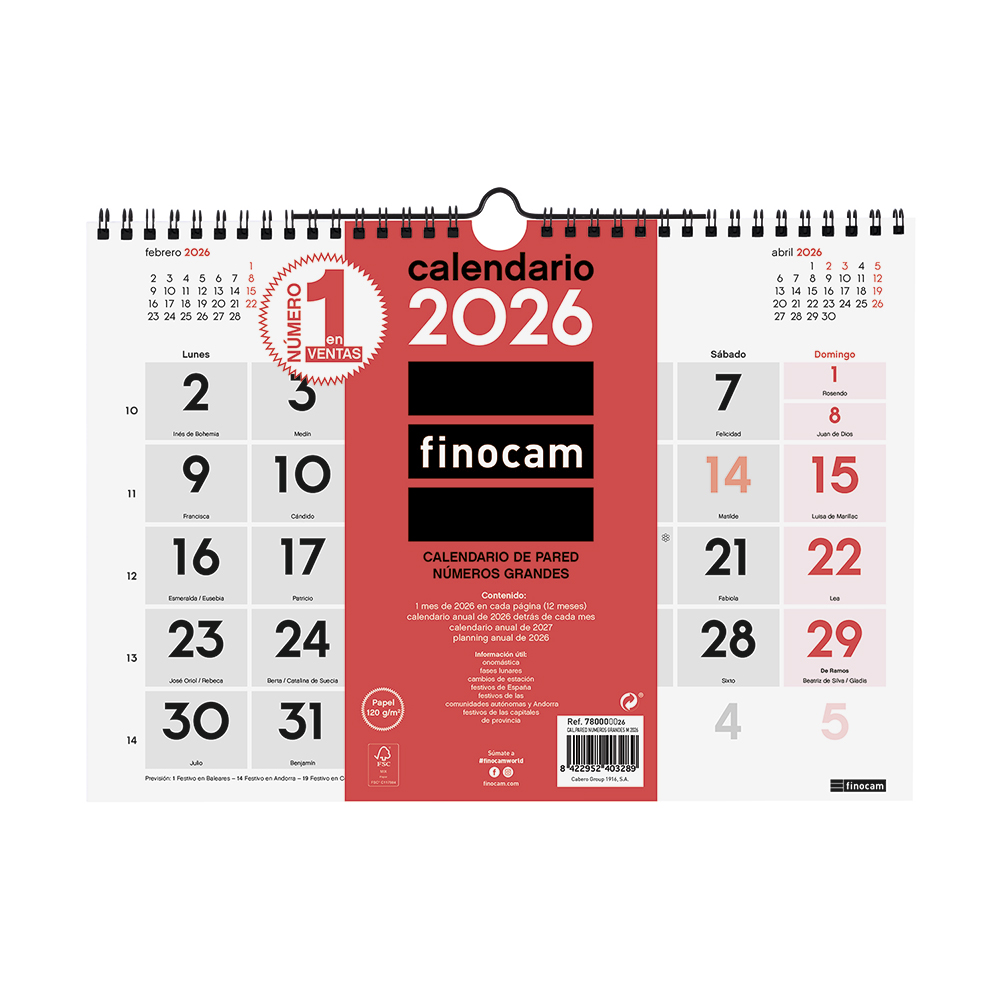 Calendario pared números grandes M 2026